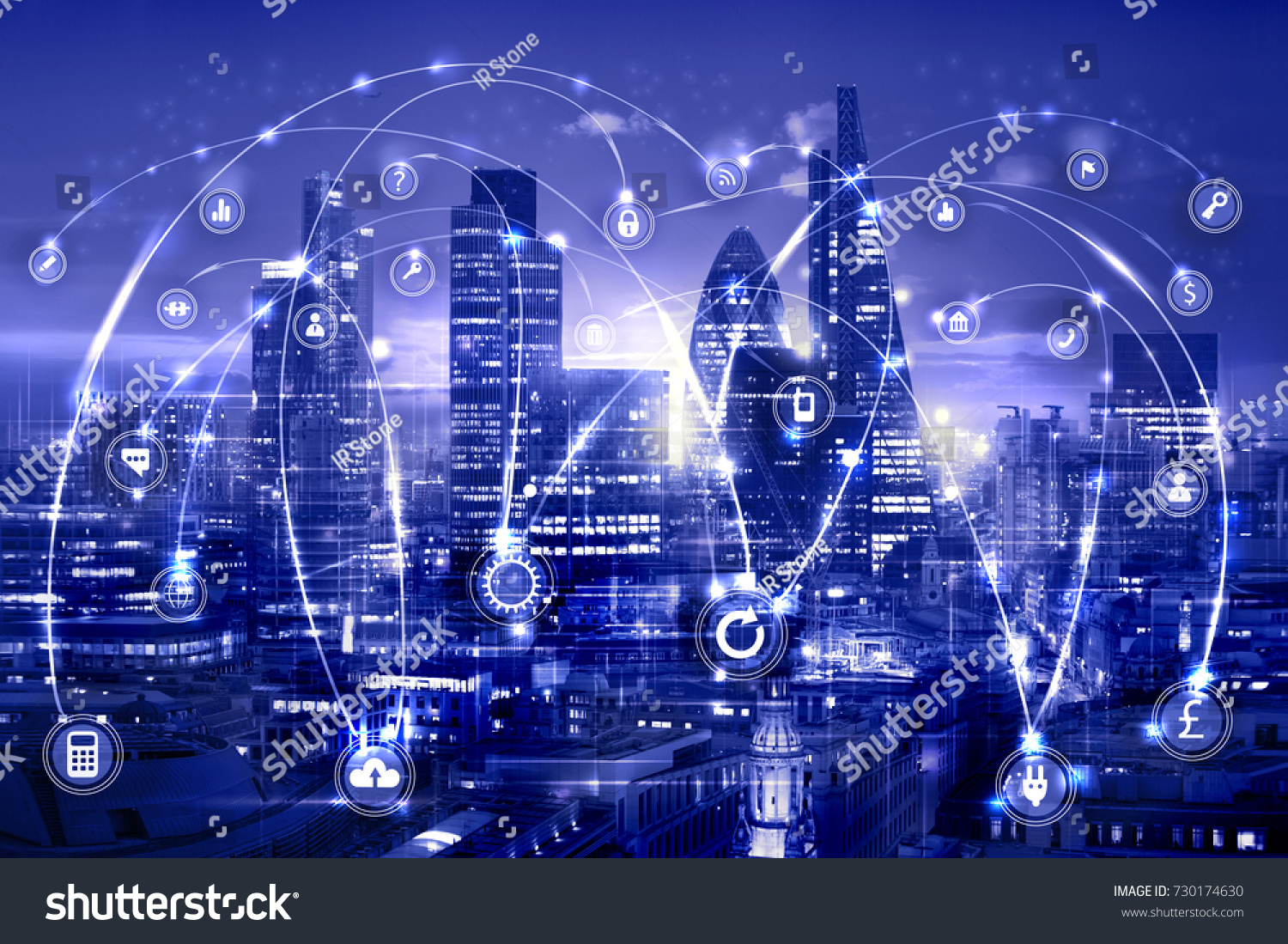 City of London at sunset and business network connections concept illustration with lots of business icons. Technology, transformation and innovation idea.  #730174630