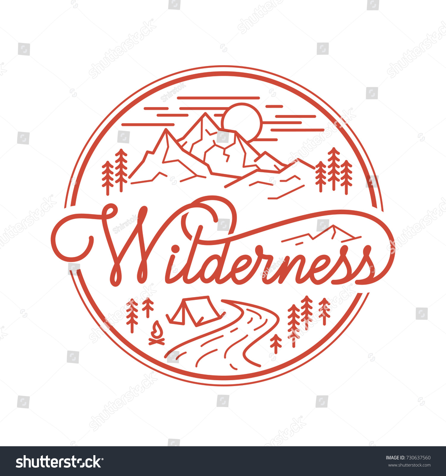 Wilderness. Mountains vector illustration,  typography poster. Template for greeting cards, and t-shirts printing. #730637560