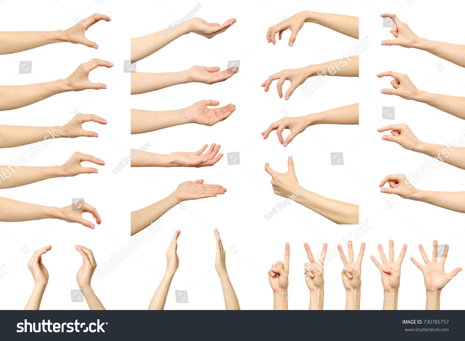 Set of woman's hand measuring invisible items. Isolated on white #730785757