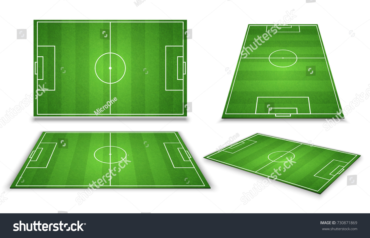 Soccer, european football field in different point of perspective view. Isolated vector illustration. Soccer green field for game