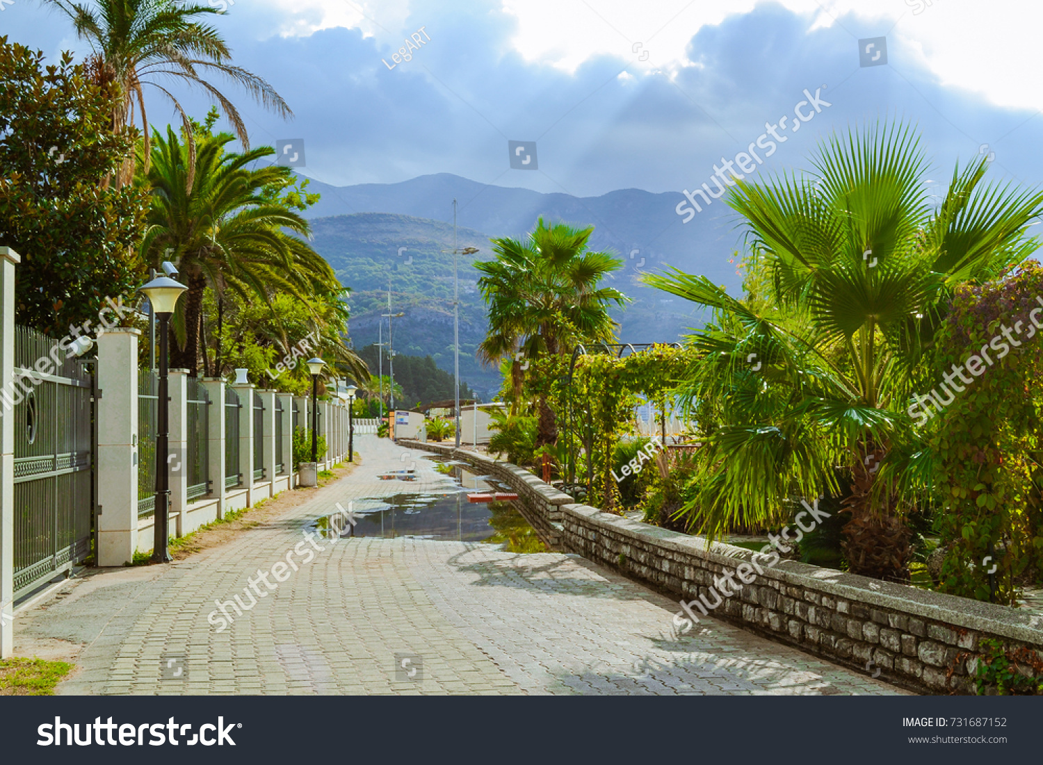 Montenegro, the Budva Riviera, Becici bay waterfront promenade #731687152