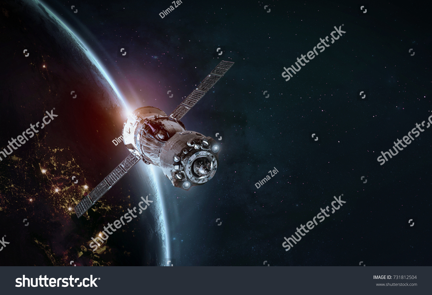 Space station and space ship in the outer space. Earth sunshine on the background. Elements of this image furnished by NASA #731812504