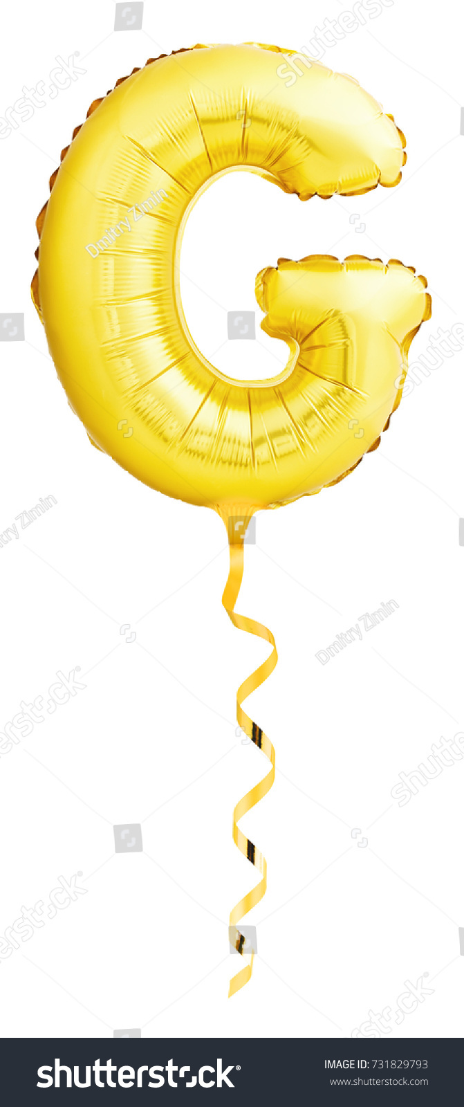 Golden letter G made of inflatable balloon with golden ribbon isolated on white background #731829793