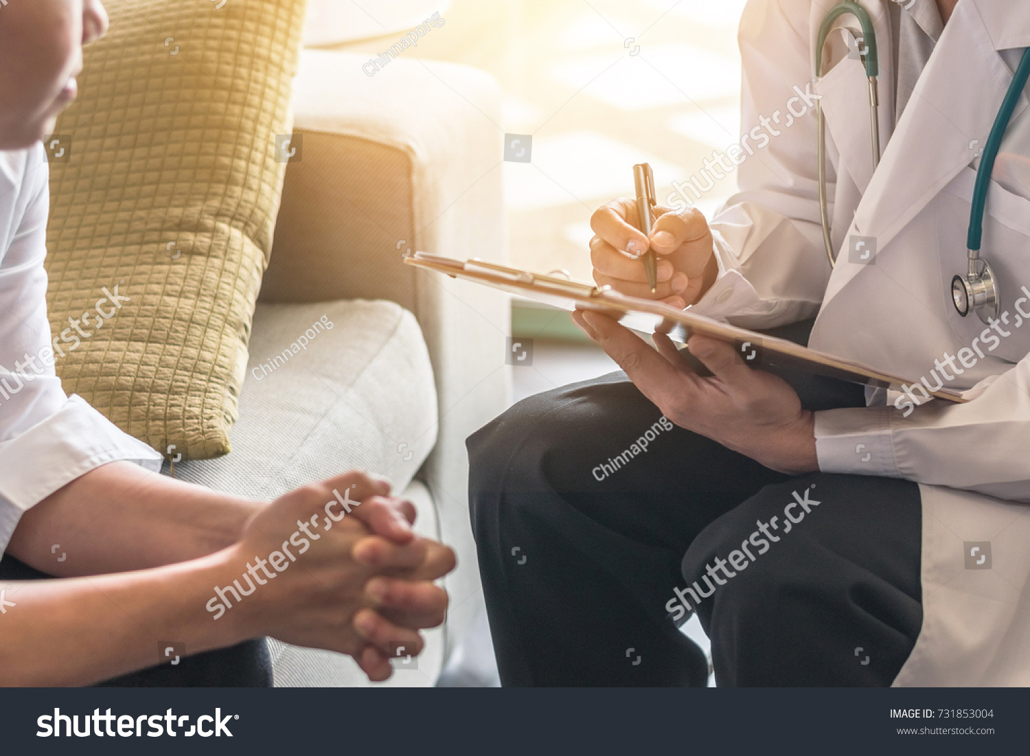 Woman patient having consultation with doctor (gynecologist or psychiatrist) and examining  health in medical gynecological clinic or hospital mental health service center #731853004