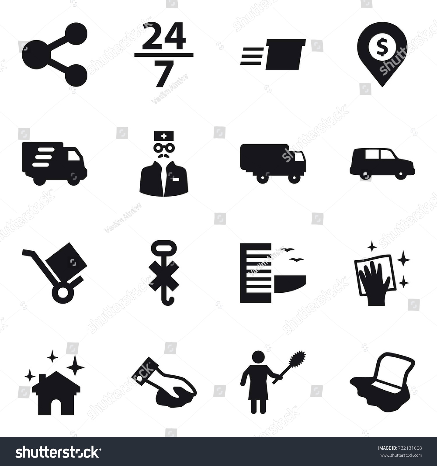 16 vector icon set : share, 24/7, delivery, dollar pin, hotel, wiping, house cleaning, woman with pipidaster, floor washing #732131668