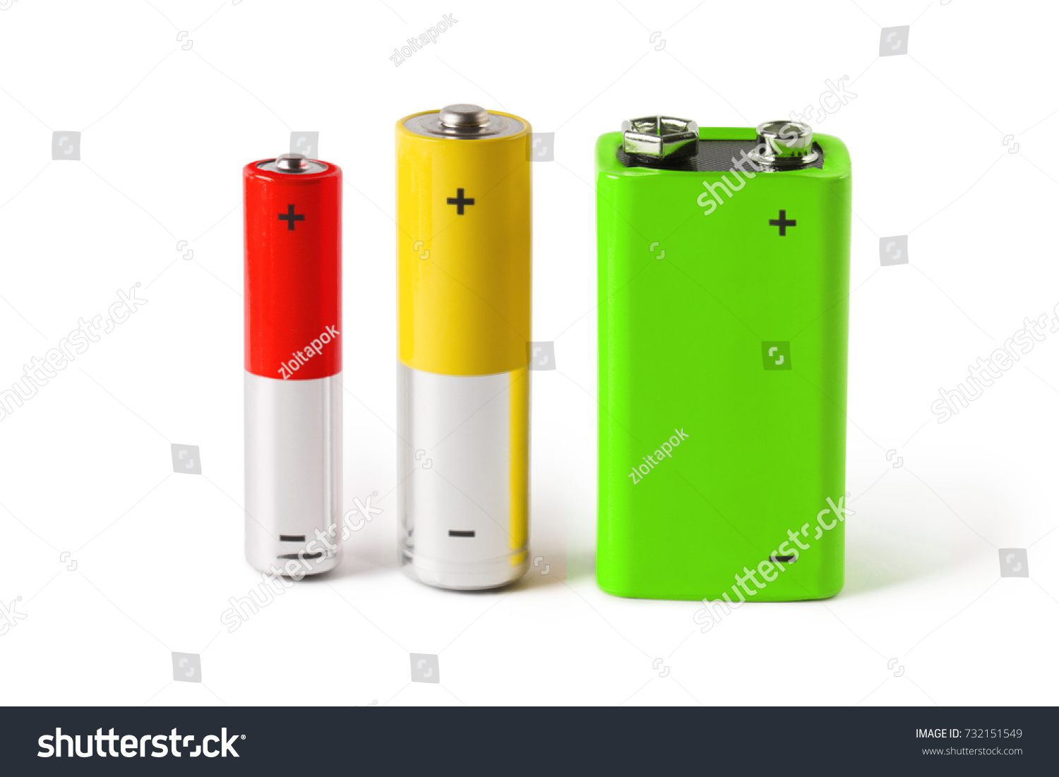 Three batteries (AAA, AA and PP3), isolated on white background #732151549