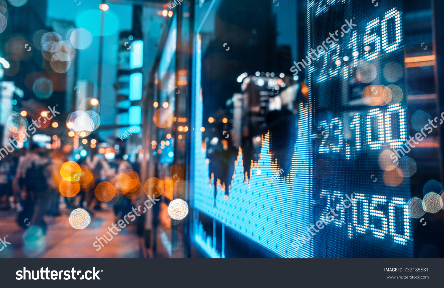 Display of Stock market quotes with city scene reflect on glass #732185581