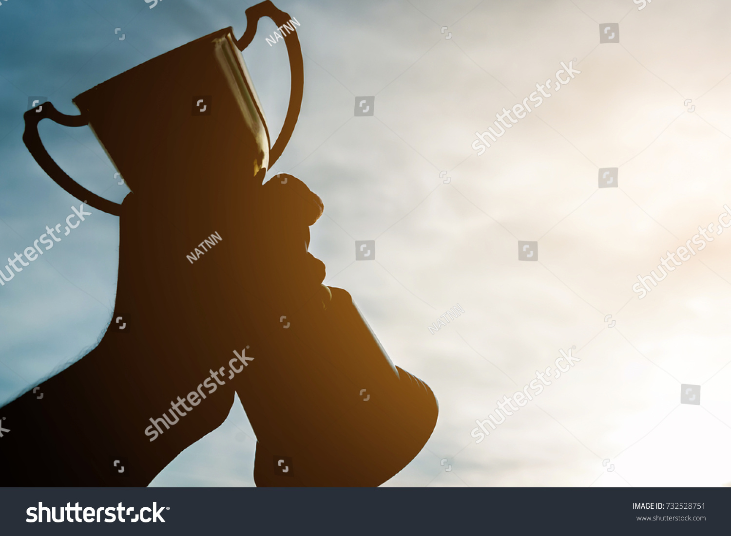 Silhouette hand holding winner trophy cup in a championship , Winner's trophy award gold with sky sunset , Cup and Champion winning concept. #732528751