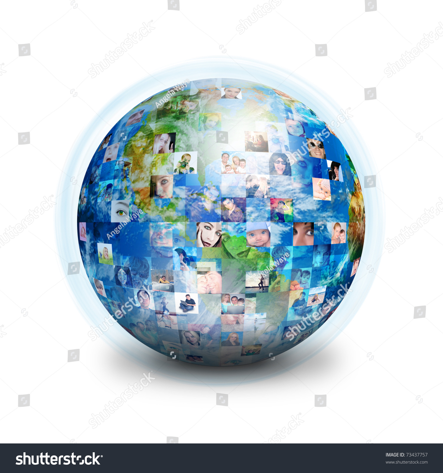 A globe is isolated on a white background with many different people's faces. Can represent a technology social network of friends and communication. #73437757