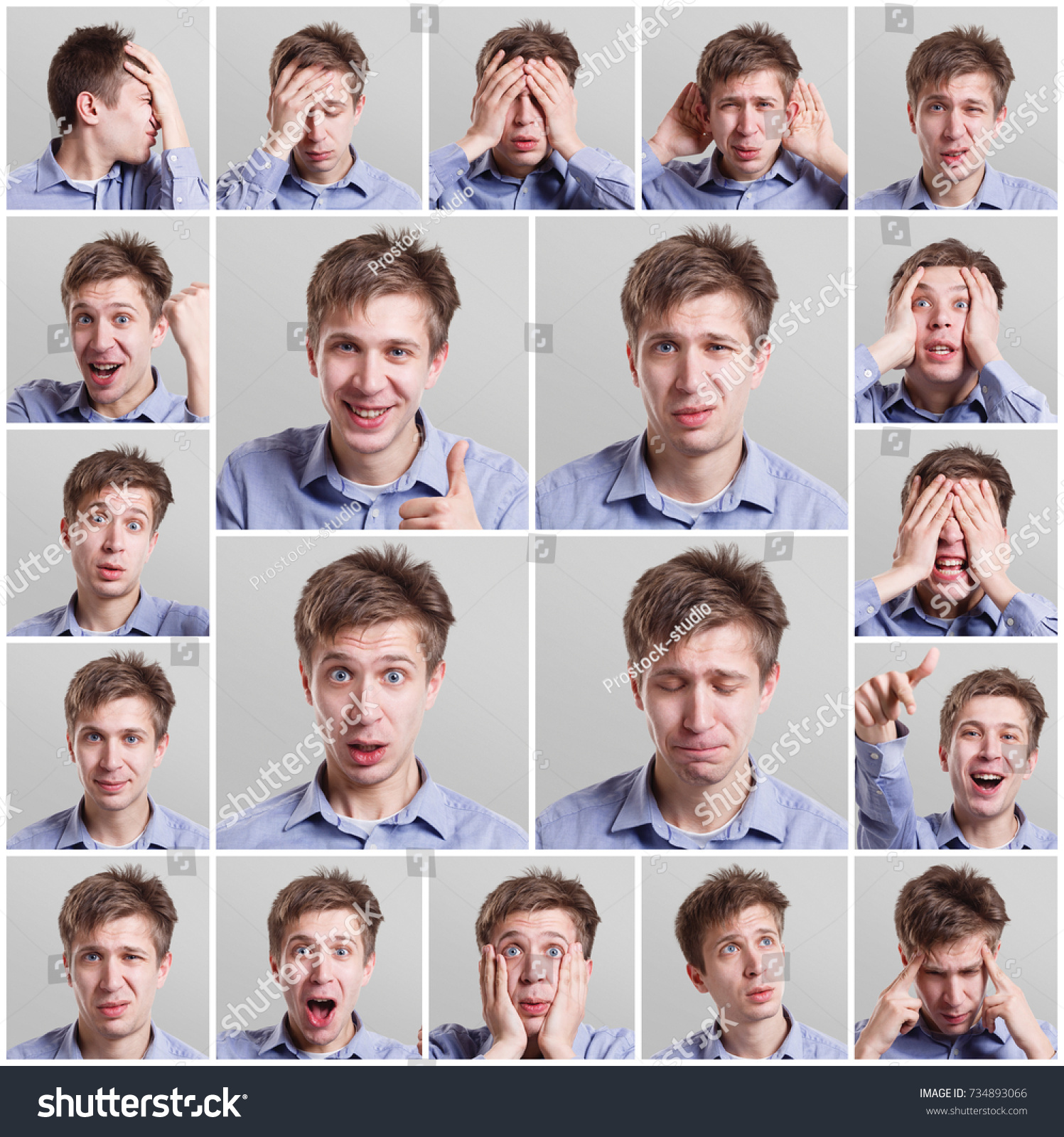 Mosaic of young man expressing different emotions and gesturing at gray studio background. Happy, surprised, skeptical and pensive facial expression #734893066