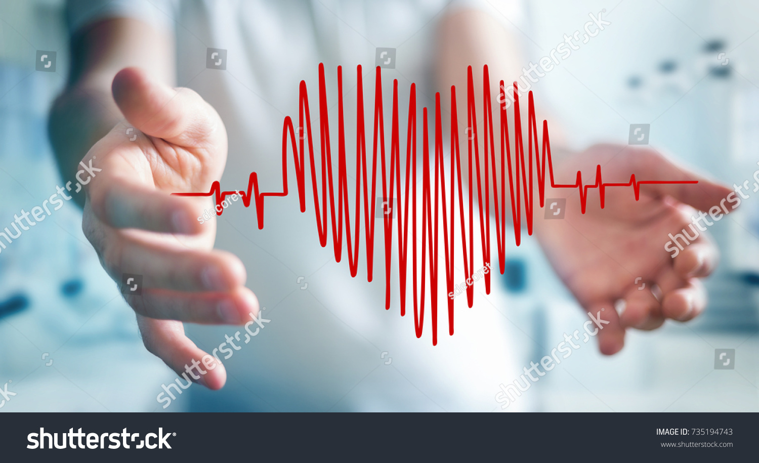 Businessman on blurred background touching and holding heart beat sketch #735194743