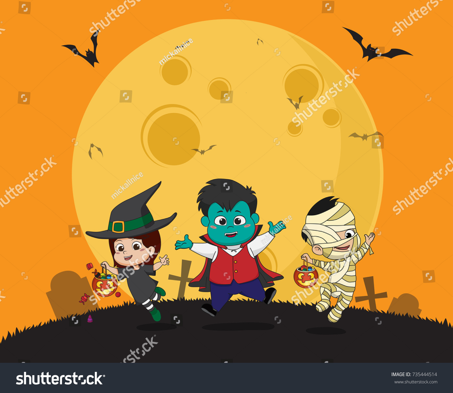 Happy halloween.Kid dress up Halloween party and jumping in the air.Vector and illustration. #735444514