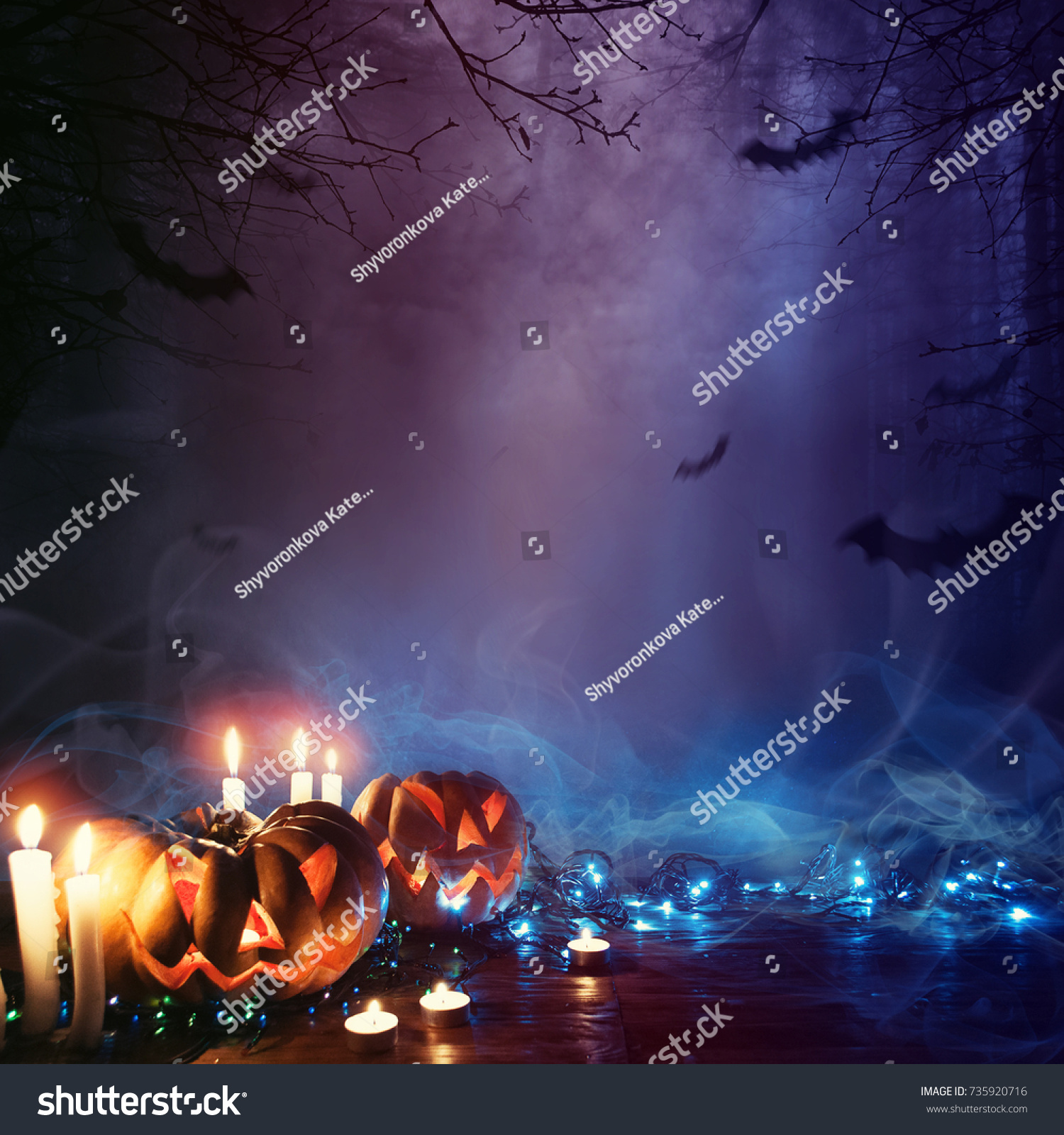 Halloween Pumpkin In A Mystic Forest At Night #735920716