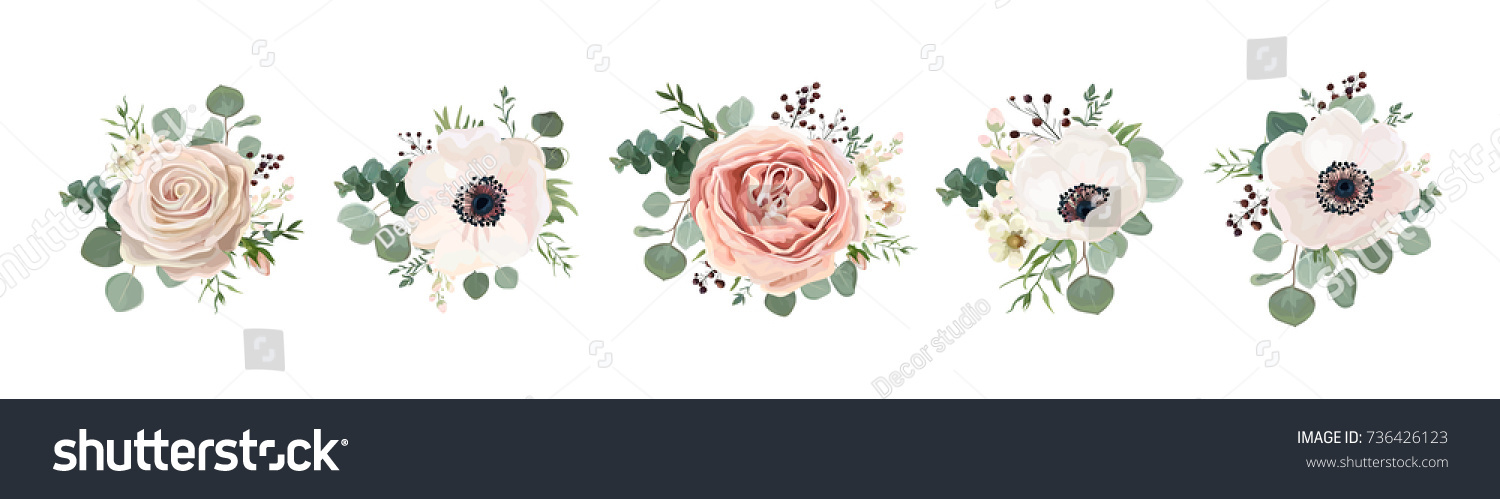 Vector floral bouquet design: garden pink peach lavender creamy powder pale Rose wax flower, anemone Eucalyptus branch greenery leaves berry. Wedding vector invite card Watercolor designer element set #736426123