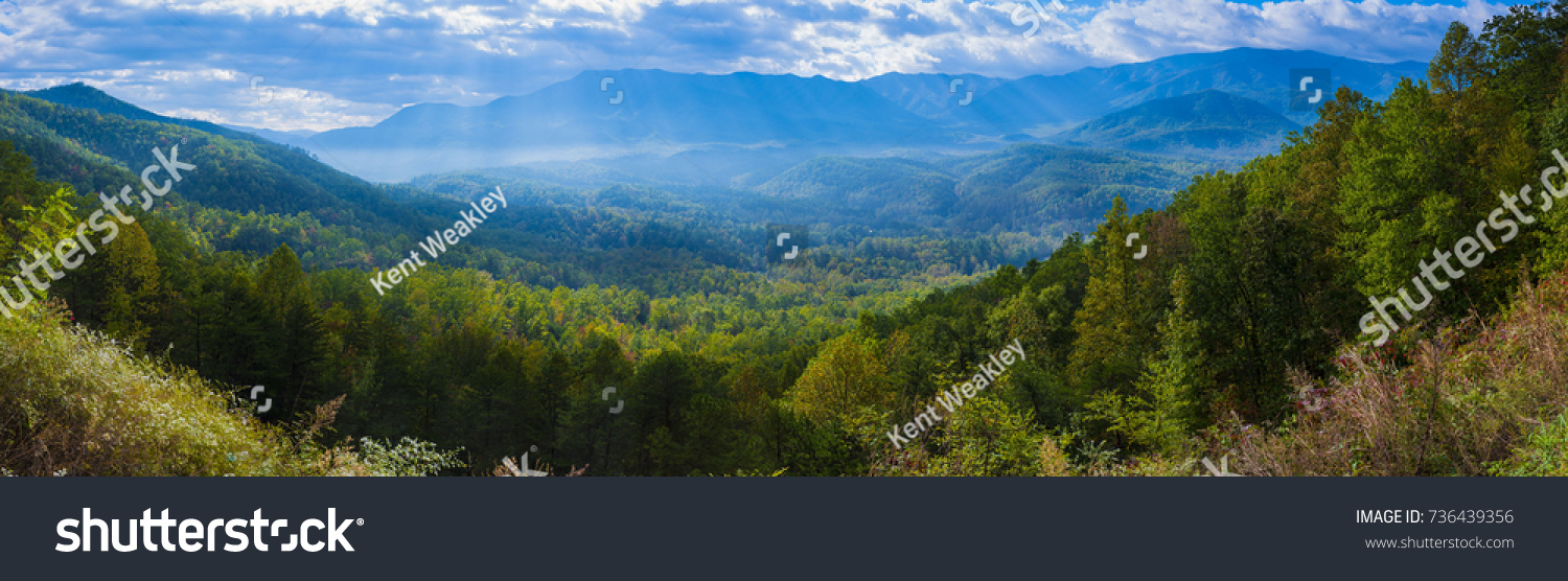 Blue Ridge Mountains Smoky Mountain National Park wide horizon landscape background layered hills and valleys large format pano #736439356