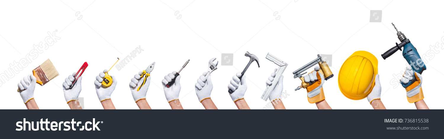 construction concept hands with all of tools supplies for home construction builder and copy space isolated on white background #736815538