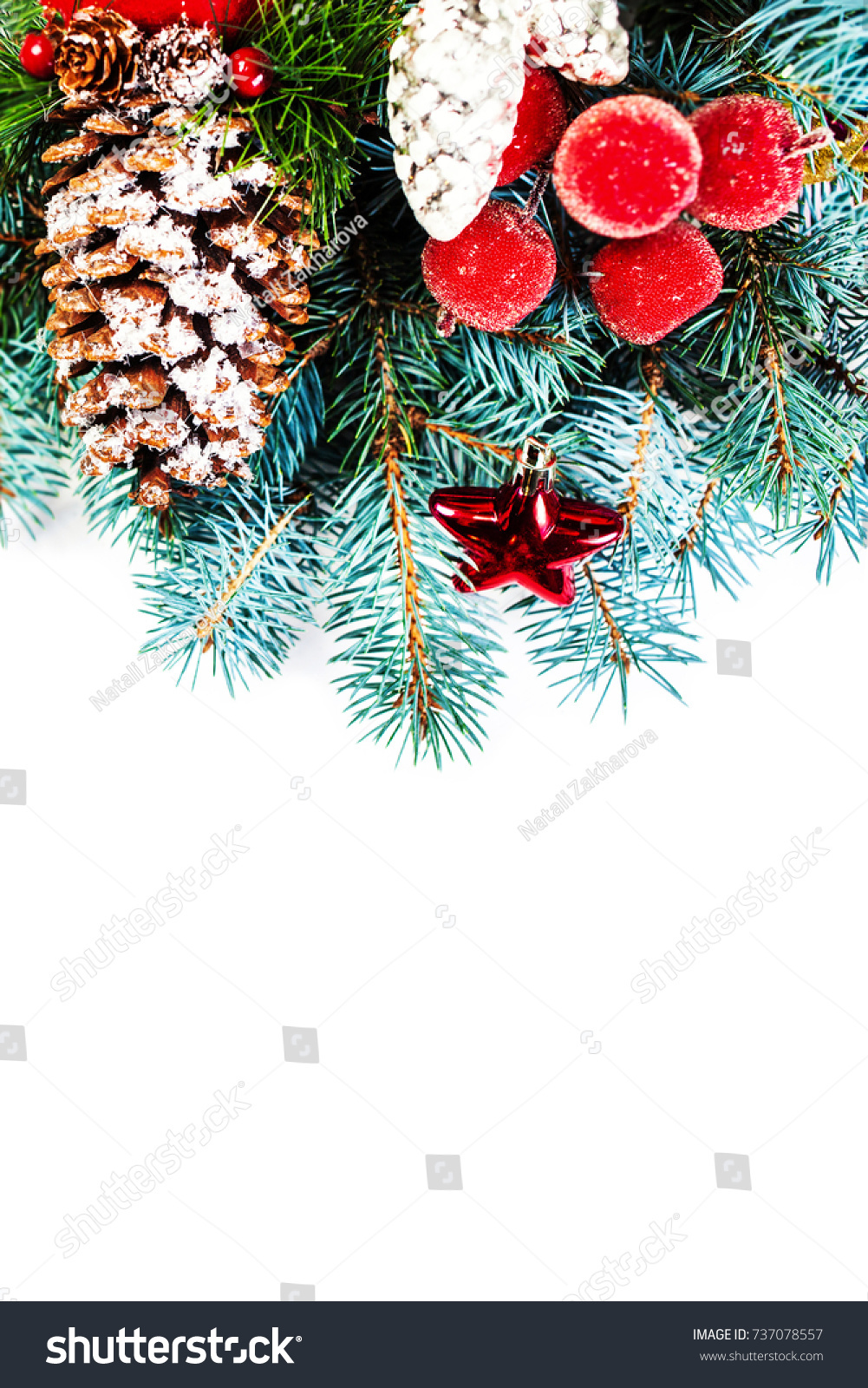 Vintage Christmas Tree Pine Branches and Christmas decorations isolated on white background with copy space. Merry christmas.
 #737078557