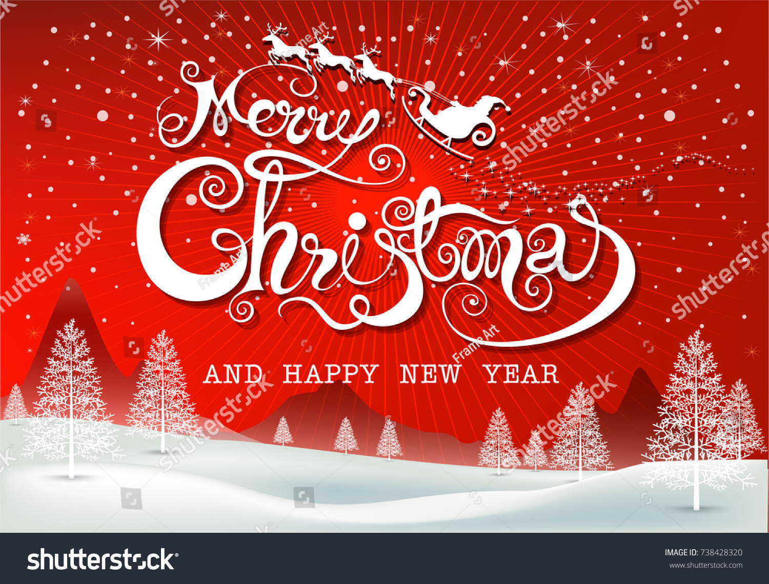 Merry Christmas Everyone greeting card, Vintage Background With red sky and snow. Merry Christmas and happy new year text design, vector illustration. #738428320