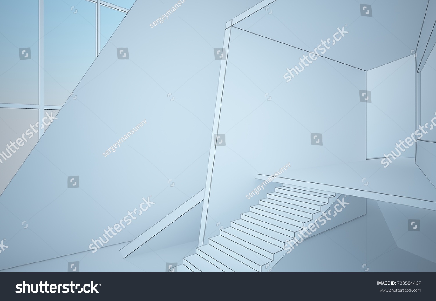 Abstract drawing white interior multilevel public space with window. Polygon black drawing. 3D illustration and rendering. #738584467