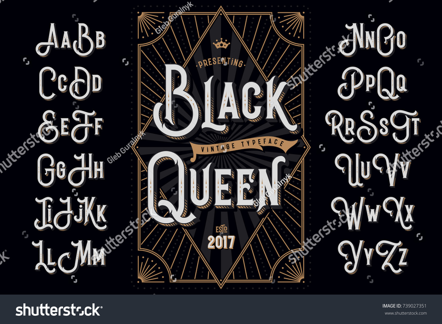 Decorative typeface named "Black Queen" with extruded lines effect and vintage label template #739027351