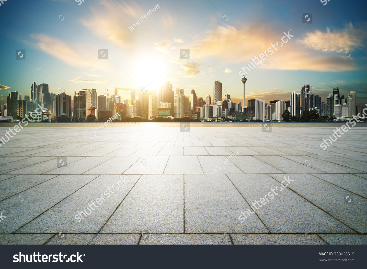 Cityscape with empty brick floor ,sunset sunrise scene . #739028515
