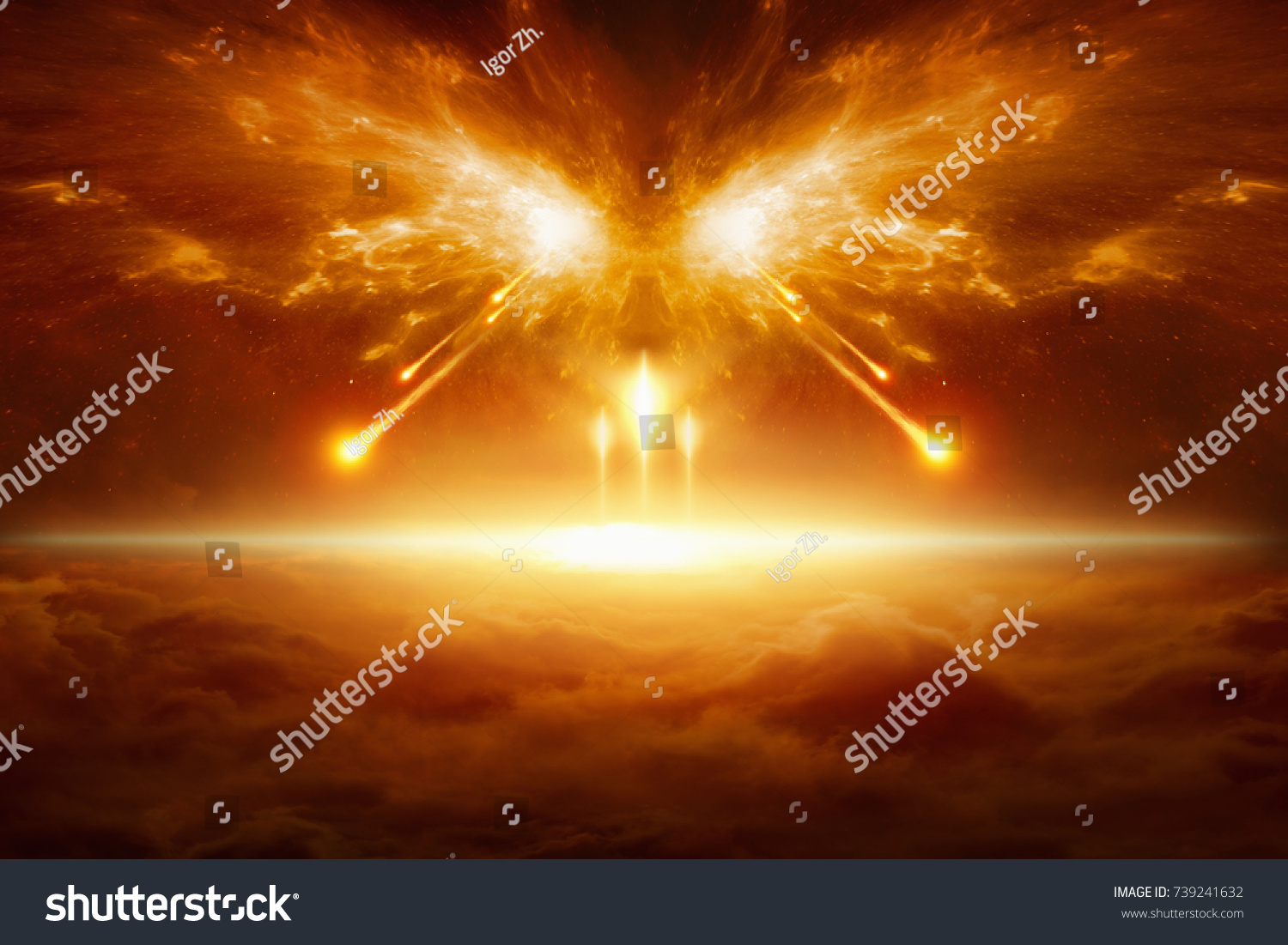 Apocalyptic religious background - end of the world, battle of armageddon, forces of evil destroy humanity. Elements of this image furnished by NASA #739241632