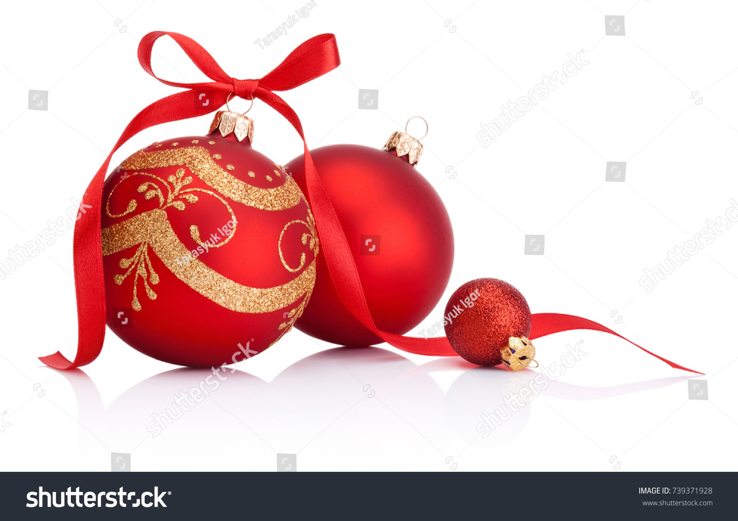 Red christmas decoration baubles with ribbon bow isolated on white background #739371928