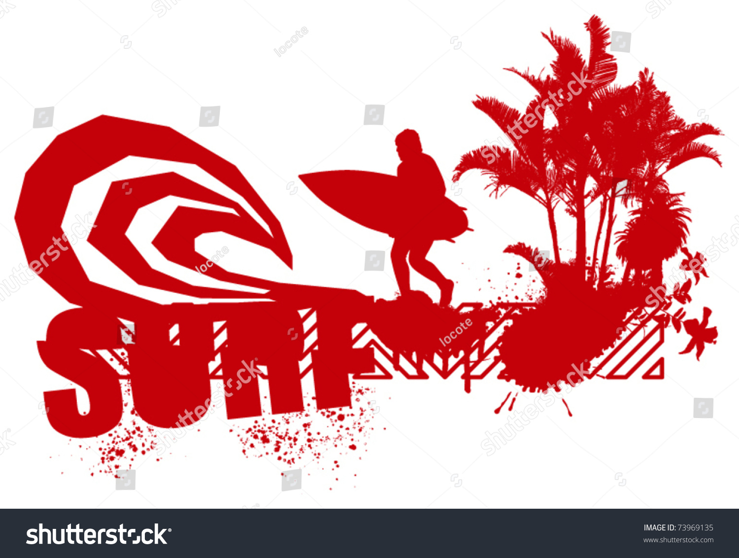 red surfer with big wave and palms #73969135