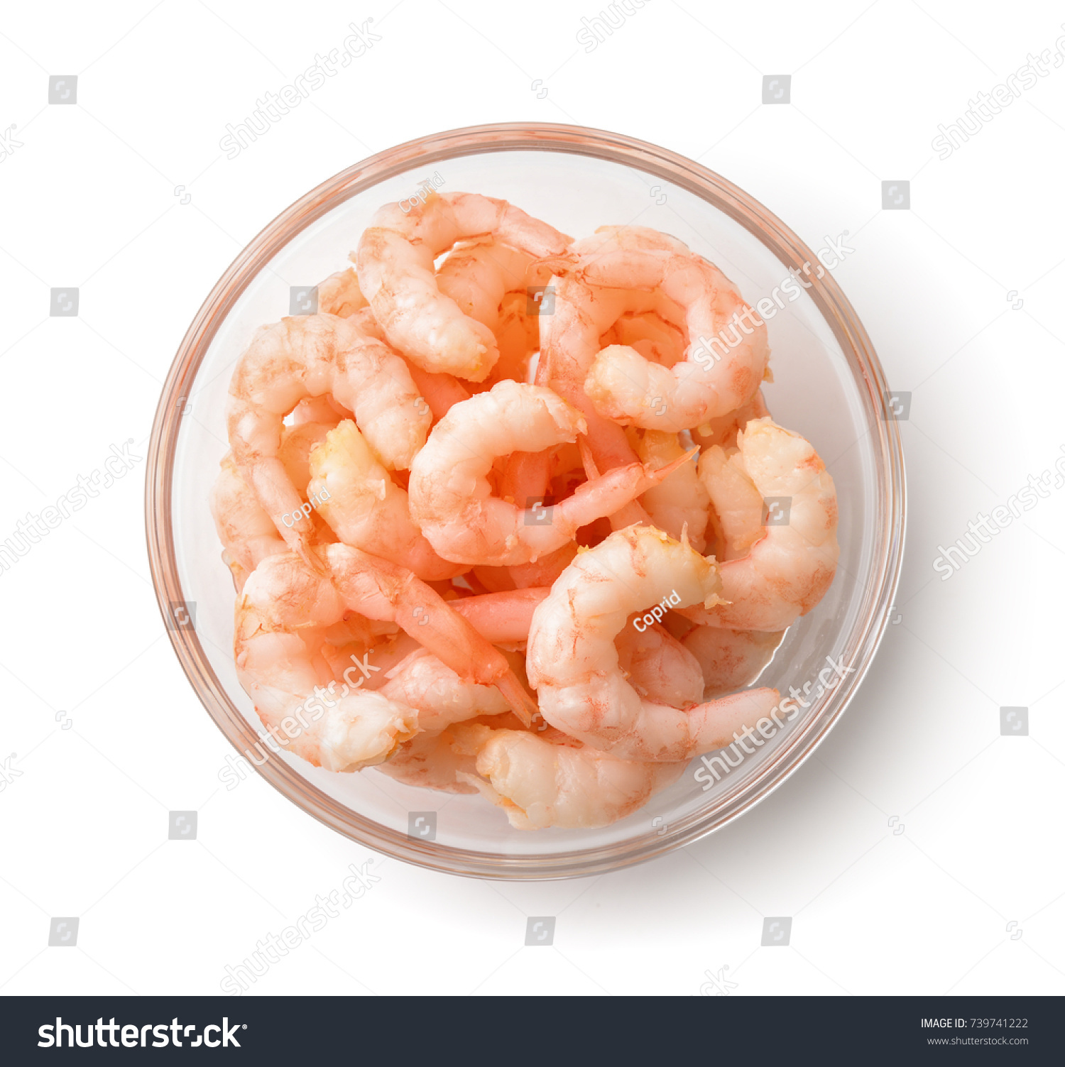 Top view of bowl with boiled peeled shrimps isolated on white #739741222