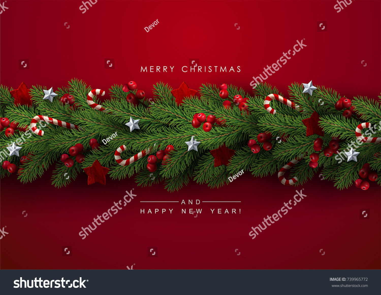 Holiday's Background with Season Wishes and Border of Realistic Looking Christmas Tree Branches Decorated with Berries, Stars and Candy Canes. #739965772