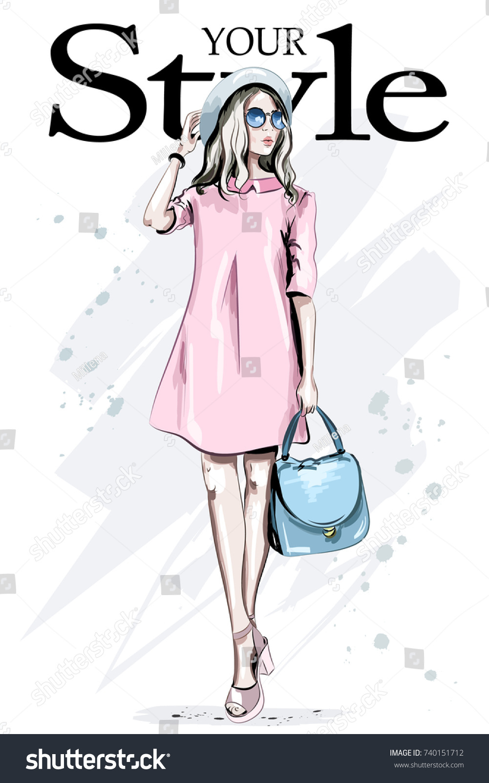 Fashion woman in hat and sunglasses. Hand drawn stylish woman in pink dress. Beautiful young lady in fashion clothes. Sketch. #740151712