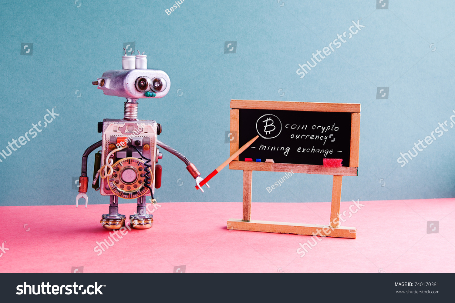 Bitcoin cryptocurrency digital money concept. Robot professor explains electronic mining cash financial system. Classroom interior with handwritten quote chalkboard. Blue pink colorful background. #740170381