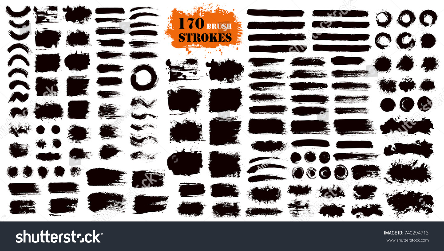 Brush strokes text boxes. Vector paintbrush set. Grunge design elements. Dirty texture banners. Ink splatters. Painted objects. #740294713