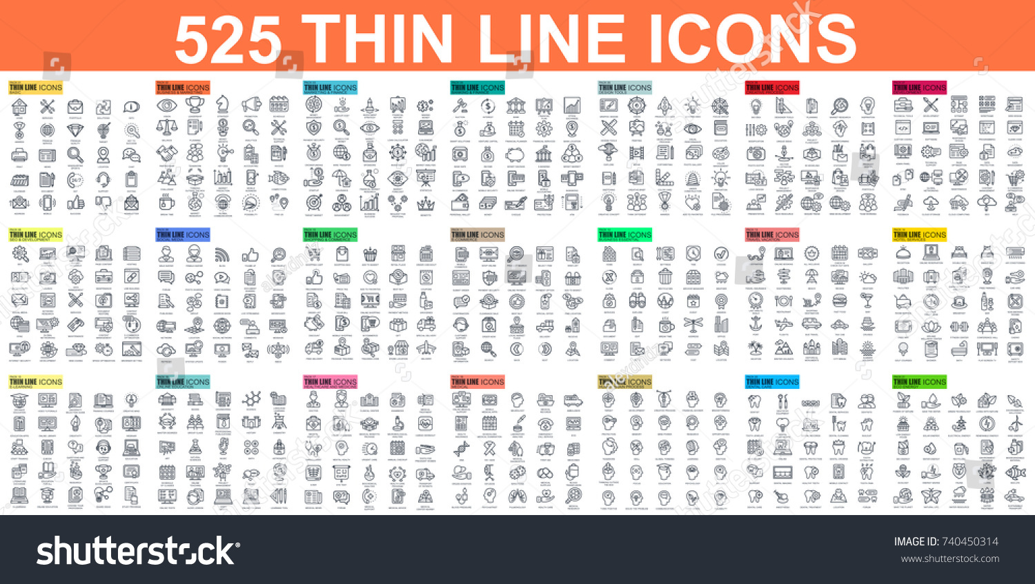 Simple set of vector thin line icons. Contains such Icons as Business, Marketing, Shopping, Banking, E-commerce, SEO, Technology, Medical, Education, Web Development, and more. Linear pictogram pack. #740450314