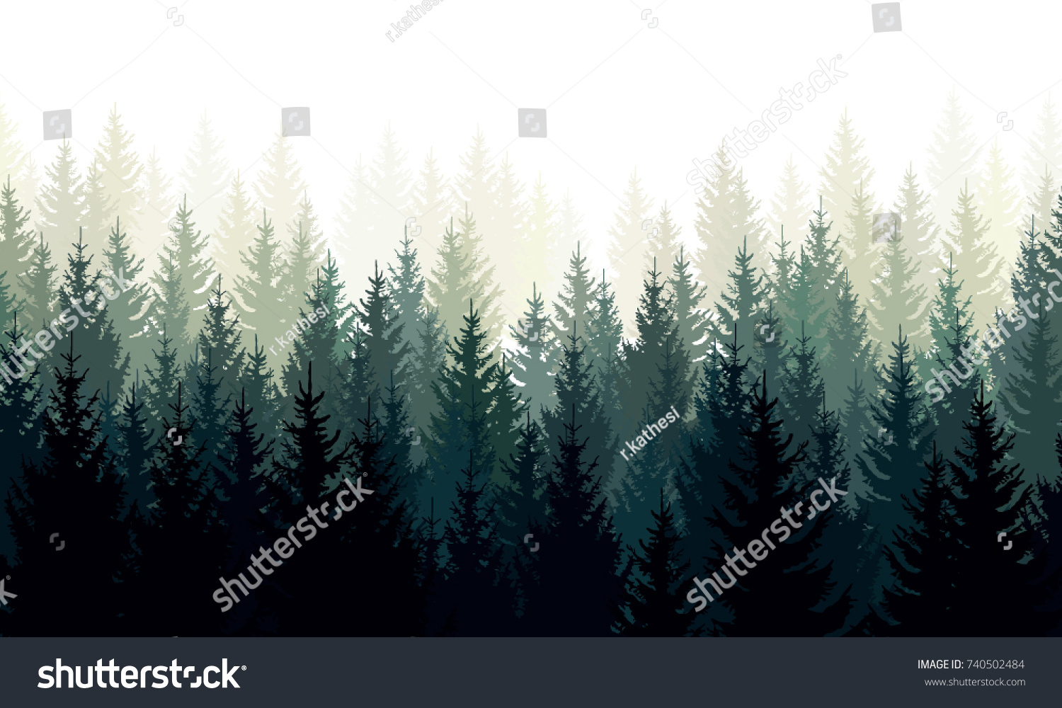 Vector landscape with silhouettes of green coniferous trees in the mist #740502484