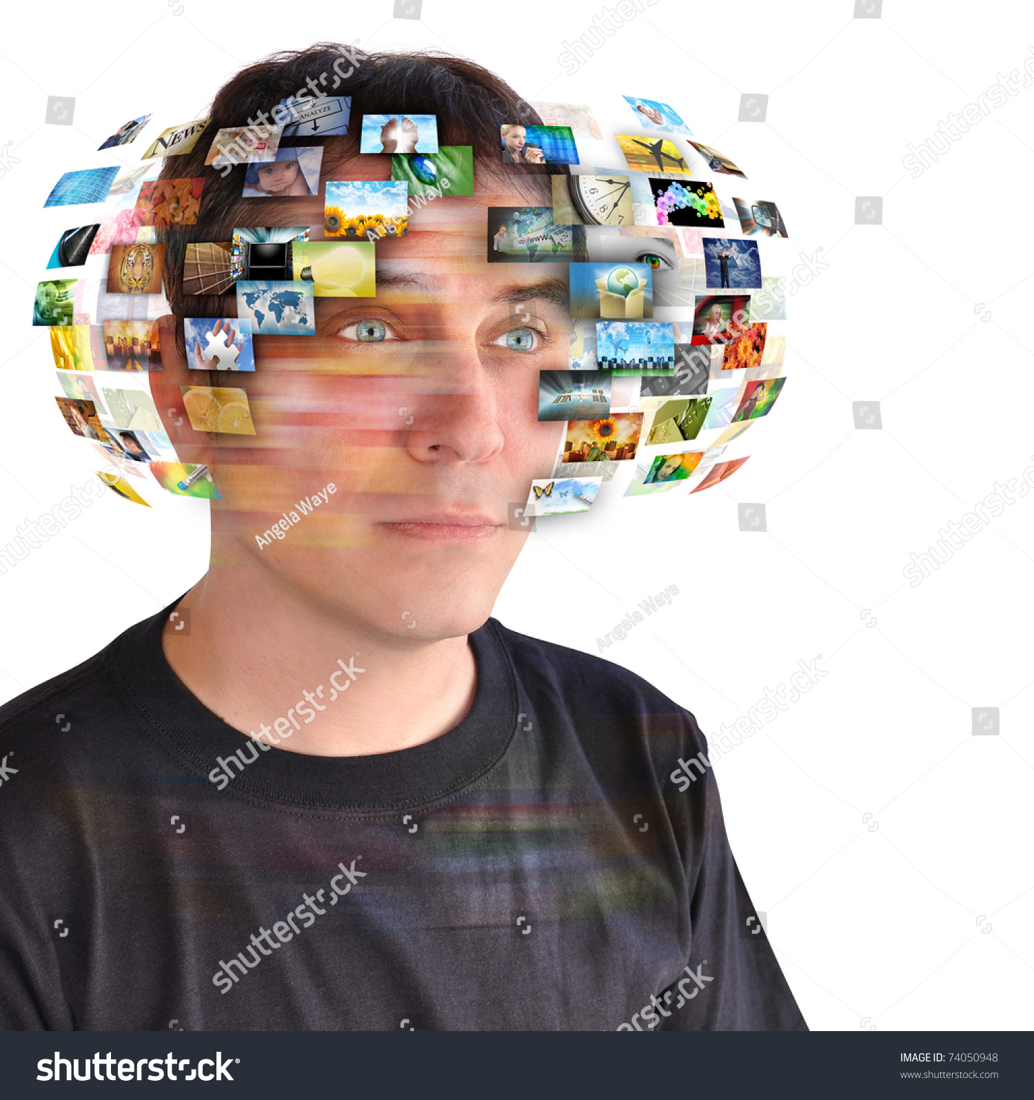 A technology man has images around his head. Use it for a communication or tv concept. #74050948