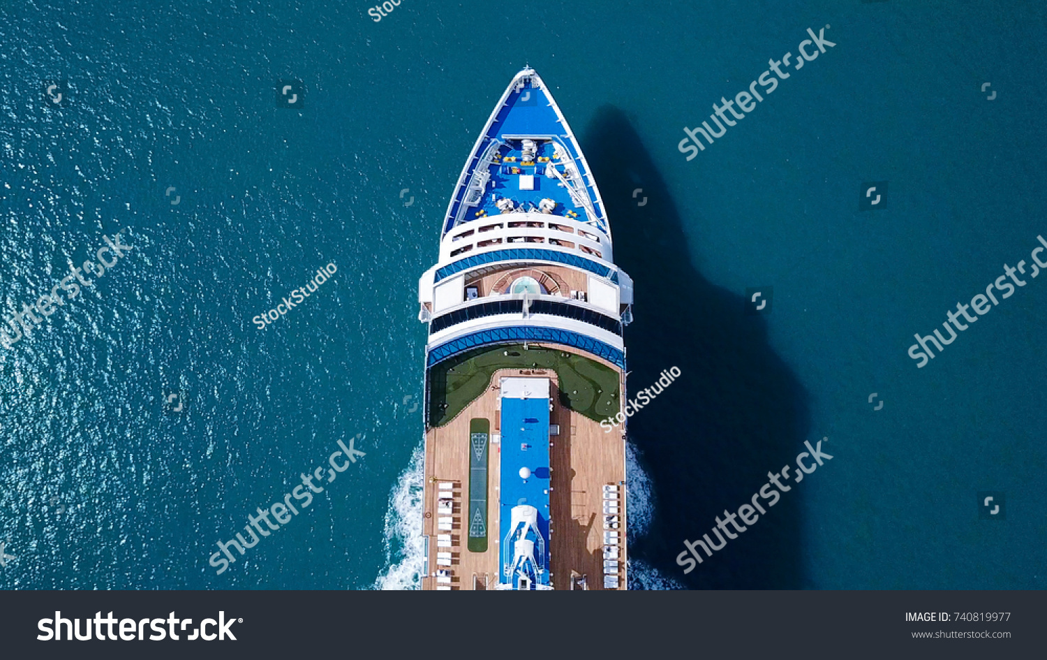Large Cruise ship sailing across The Mediterranean sea - Aerial image #740819977