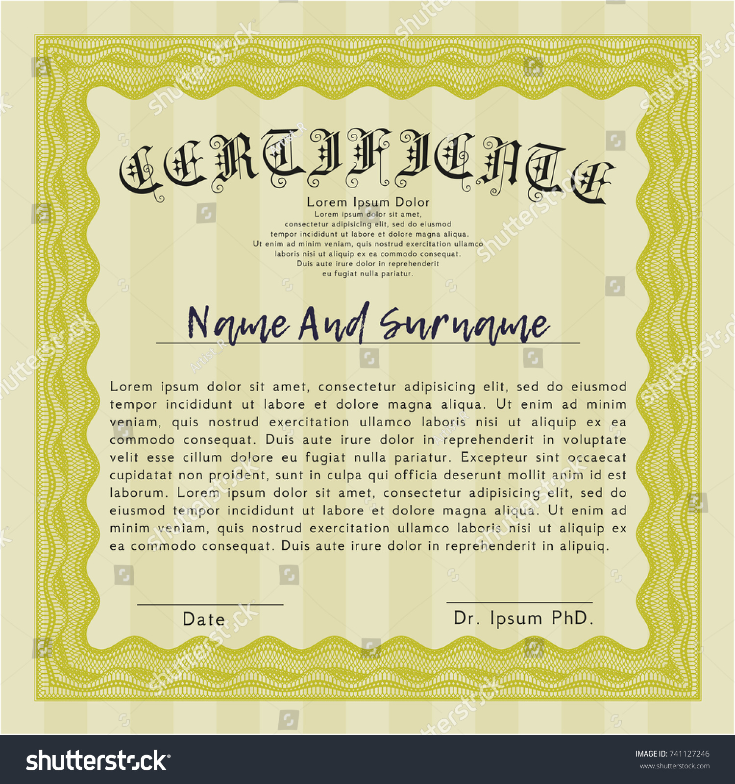 Yellow Diploma template. With background. Vector illustration. Artistry design.  #741127246
