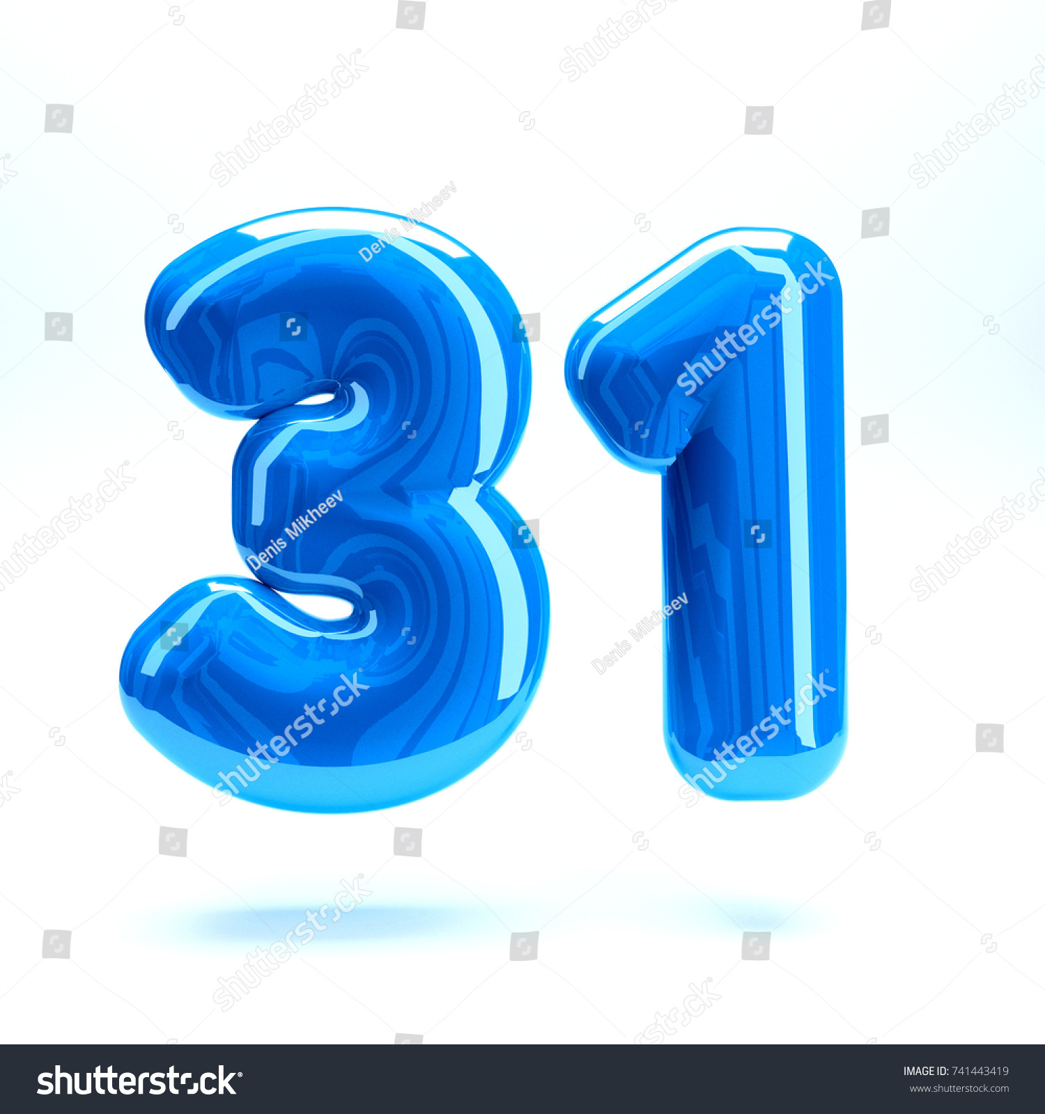Blue glossy celebrate letter number thirty one 31 bold and uppercase. 3D render font painted with blue  polish and light reflection isolated on white background with clear shadow #741443419