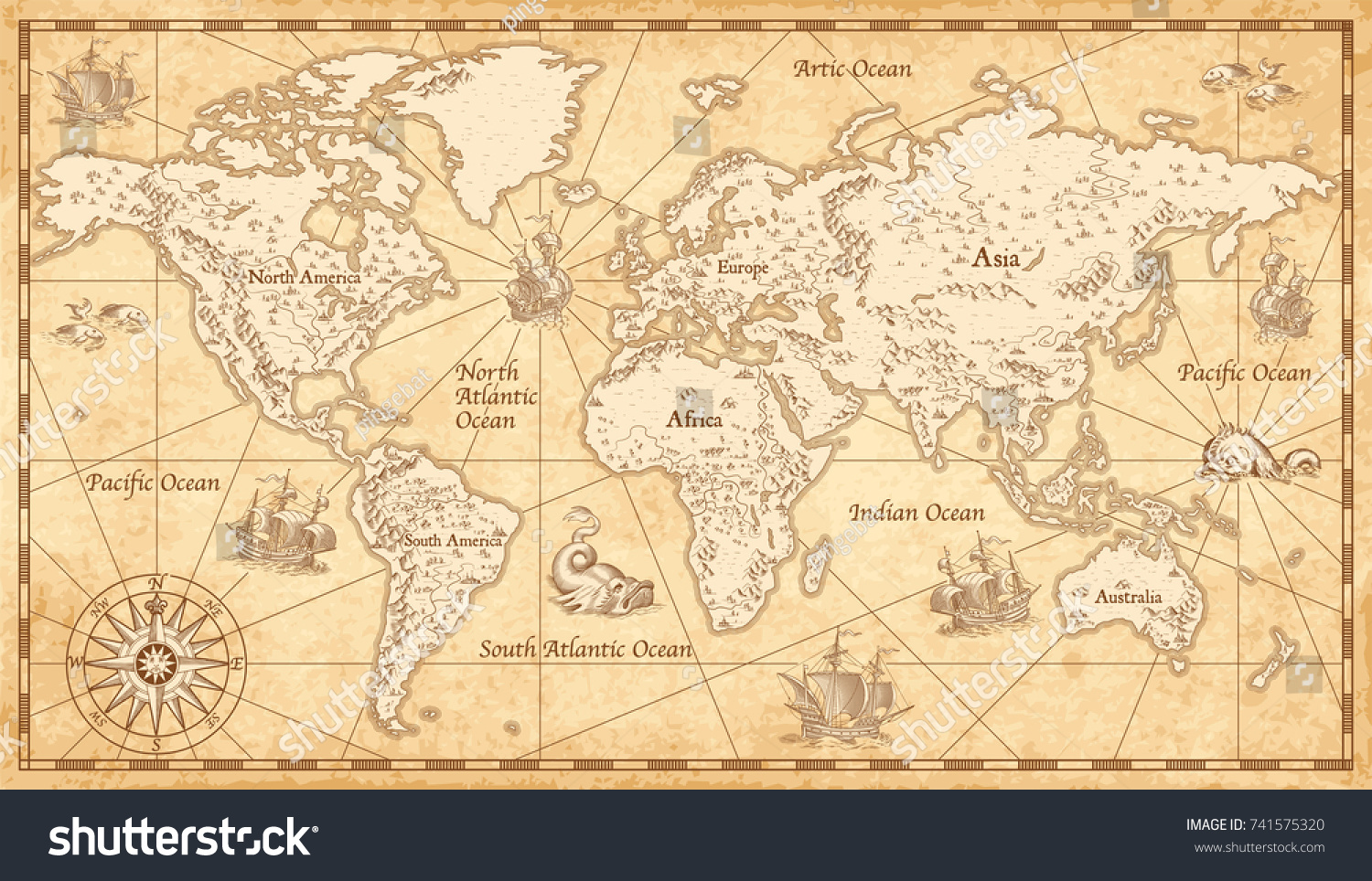 Great Detail Illustration of the world map in vintage style with mountains, trees, cities and main rivers on a old parchment background.  #741575320