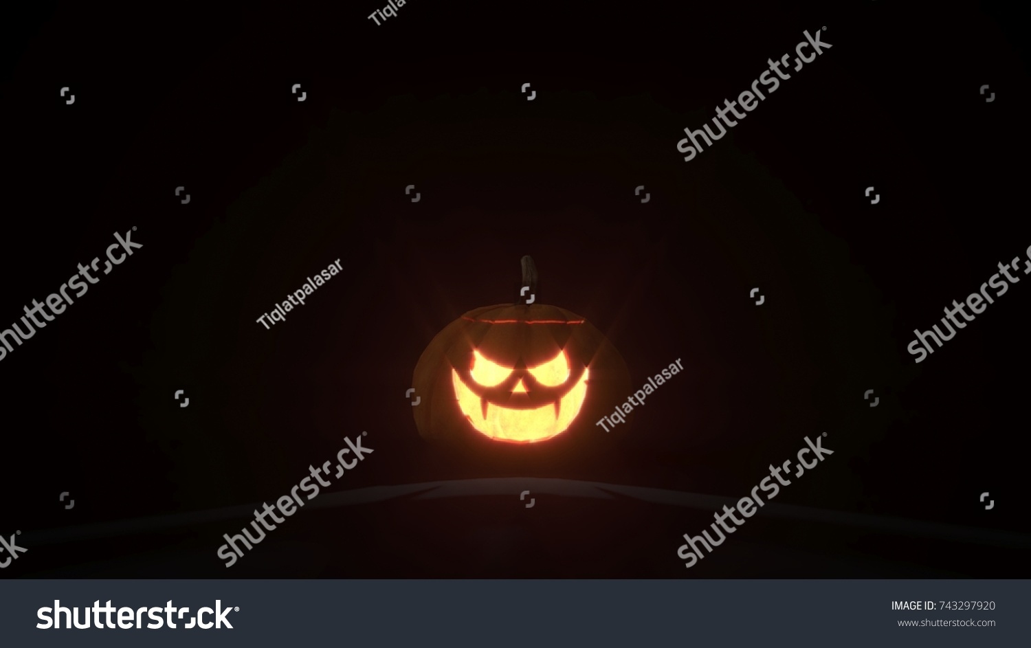 3d rendering of smiling scary jack o lantern Halloween pumpkin on dark background. 3d illustration. #743297920