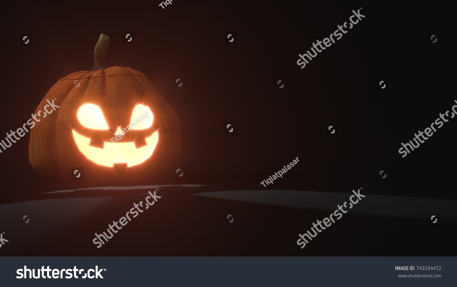 3d rendering of a smiling scary Jack o Lantern Halloween pumpkin on dark background. Light comes out of its mouth and eyes. 3d illustration #743334472