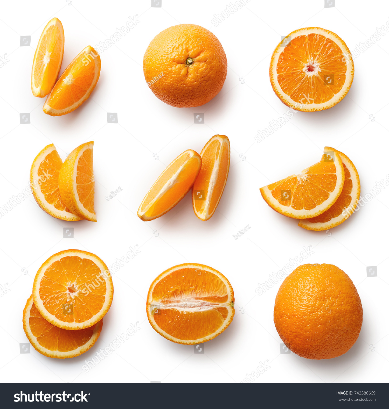 Set of fresh whole and cut orange and slices isolated on white background. From top view #743386669