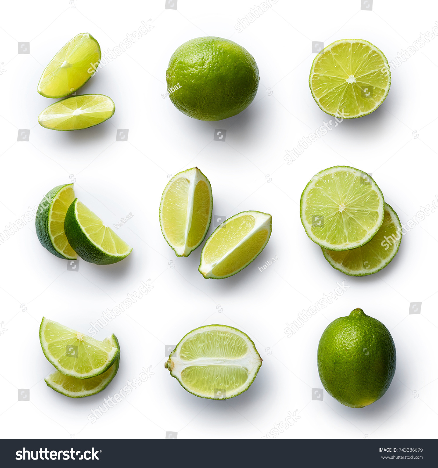 Set of fresh whole and cut lime and slices isolated on white background. From top view #743386699