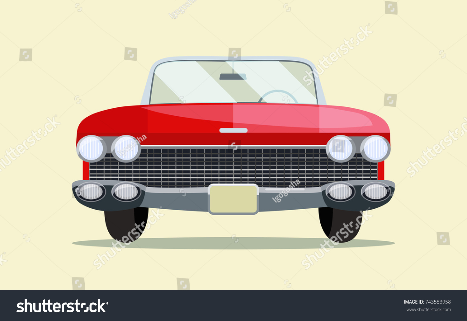 Retro red car vintage isolated. Front view.  Vector flat style  illustration #743553958