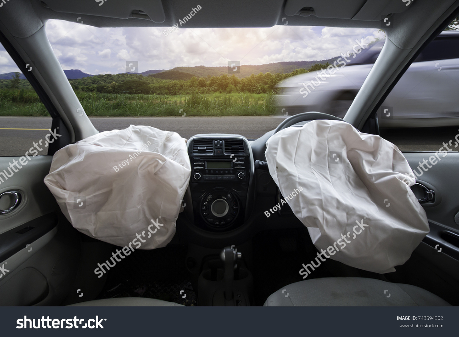 Car of accident make airbag explosion damaged at claim the insurance company. Working car repair  inspection at damaged of accident. Image with clipping path and style blur focus. #743594302