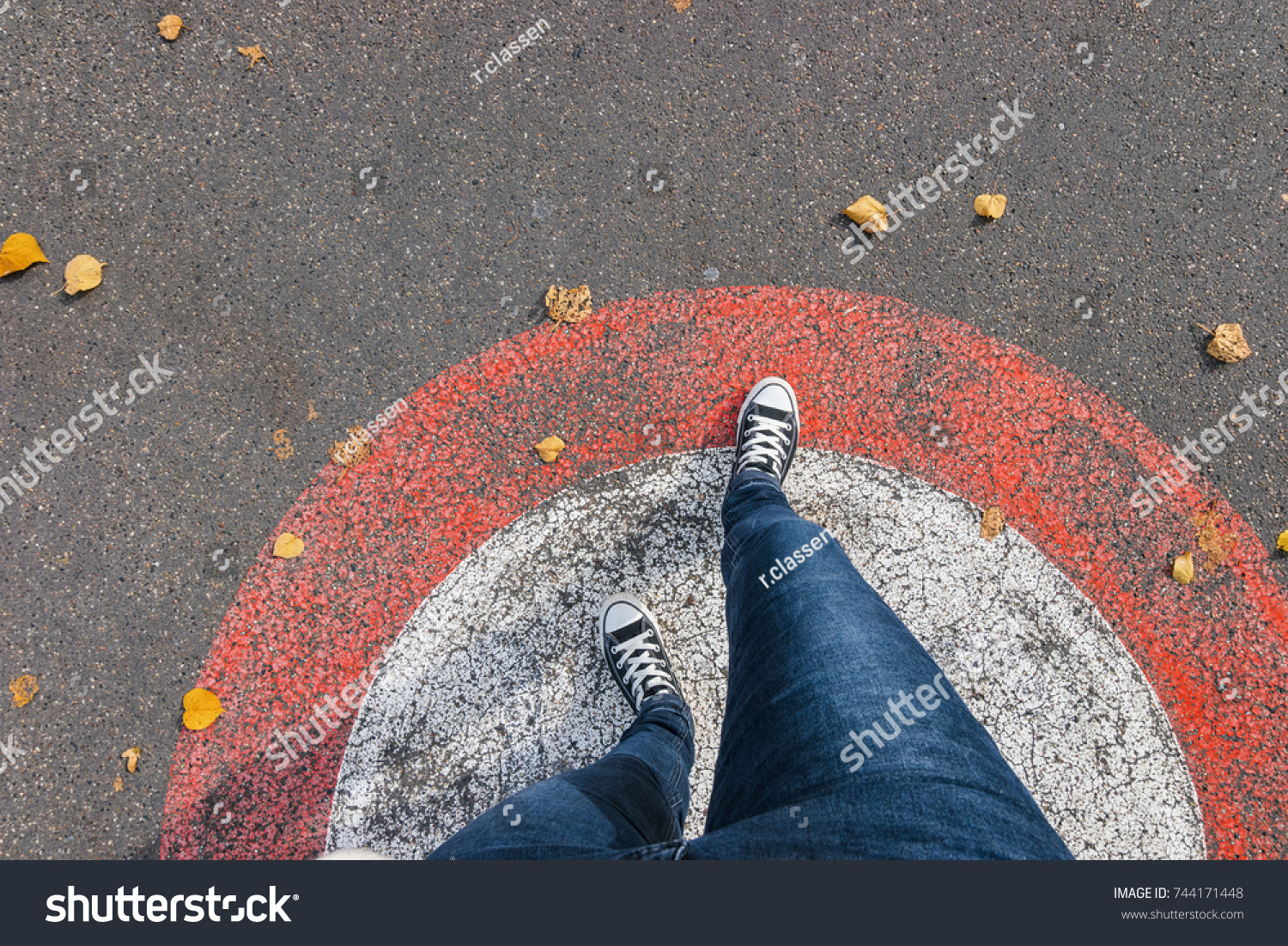 Feet From Above Concept, Teenage Person in  Sneakers Standing on the street in a circle, Blank Copy Space in Front, Point of view shot #744171448