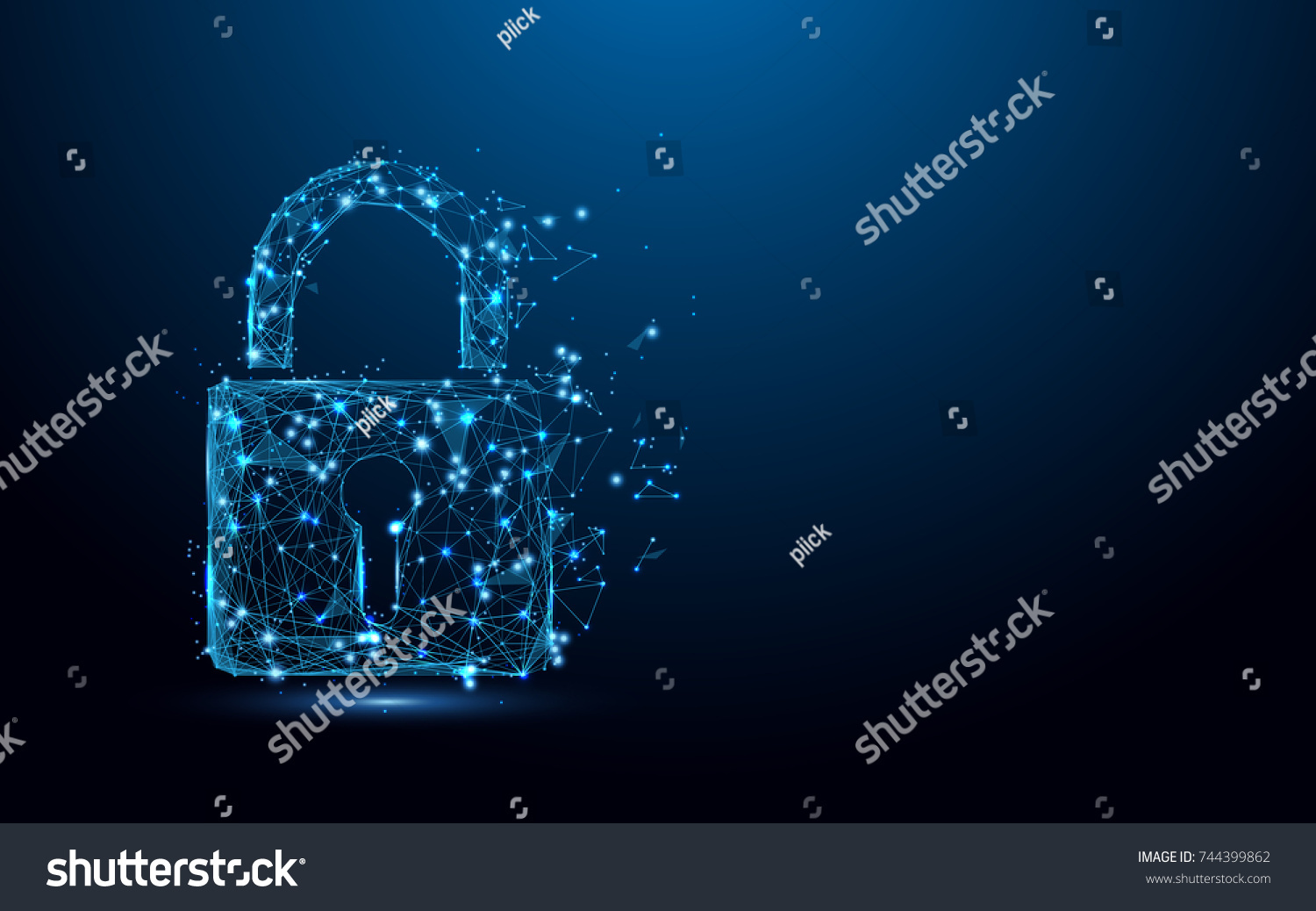 Cyber security concept. Lock symbol from lines and triangles, point connecting network on blue background. Illustration vector #744399862