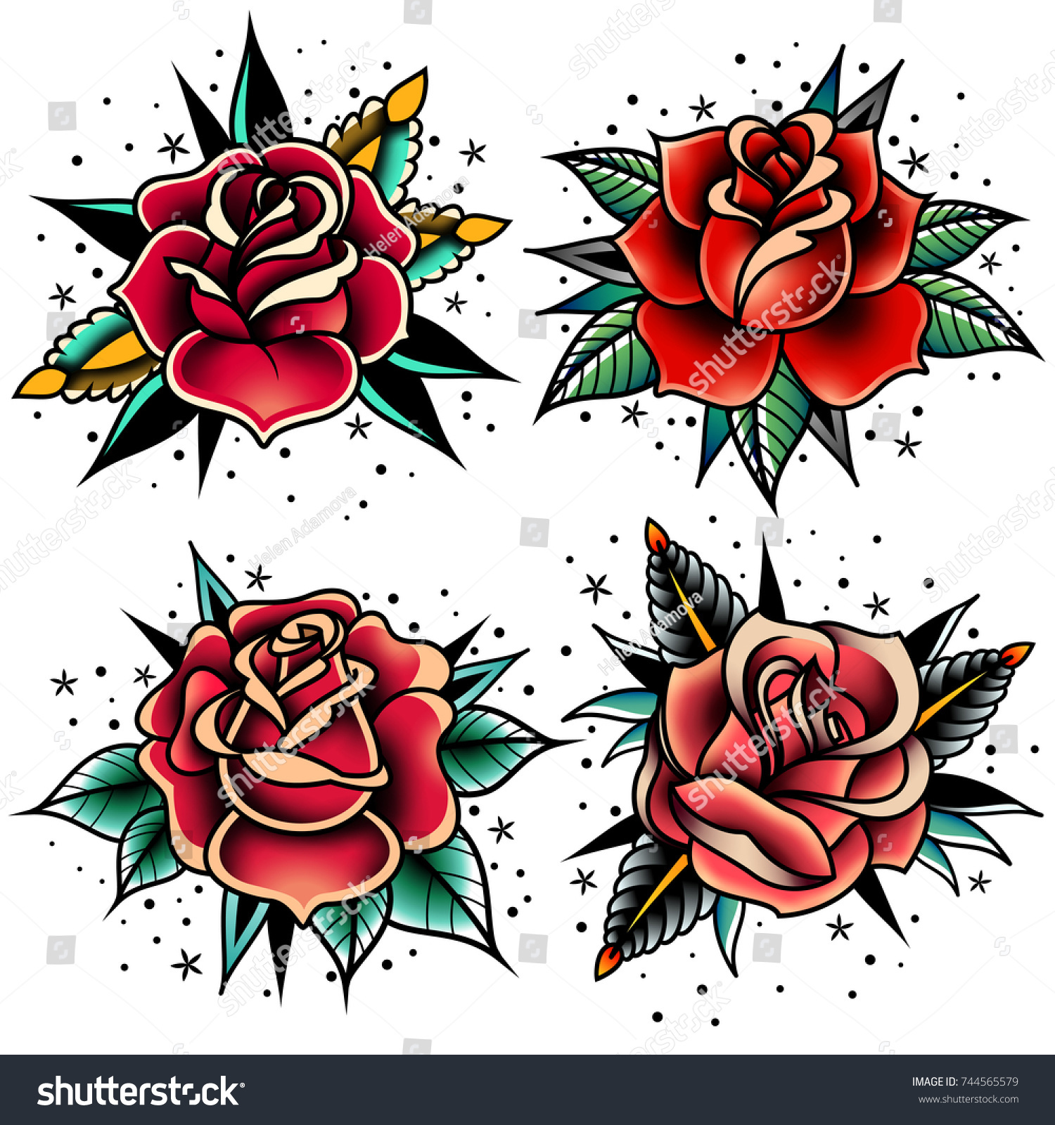 Old tattooing school colored icons set with roses symbols isolated vector illustration #744565579
