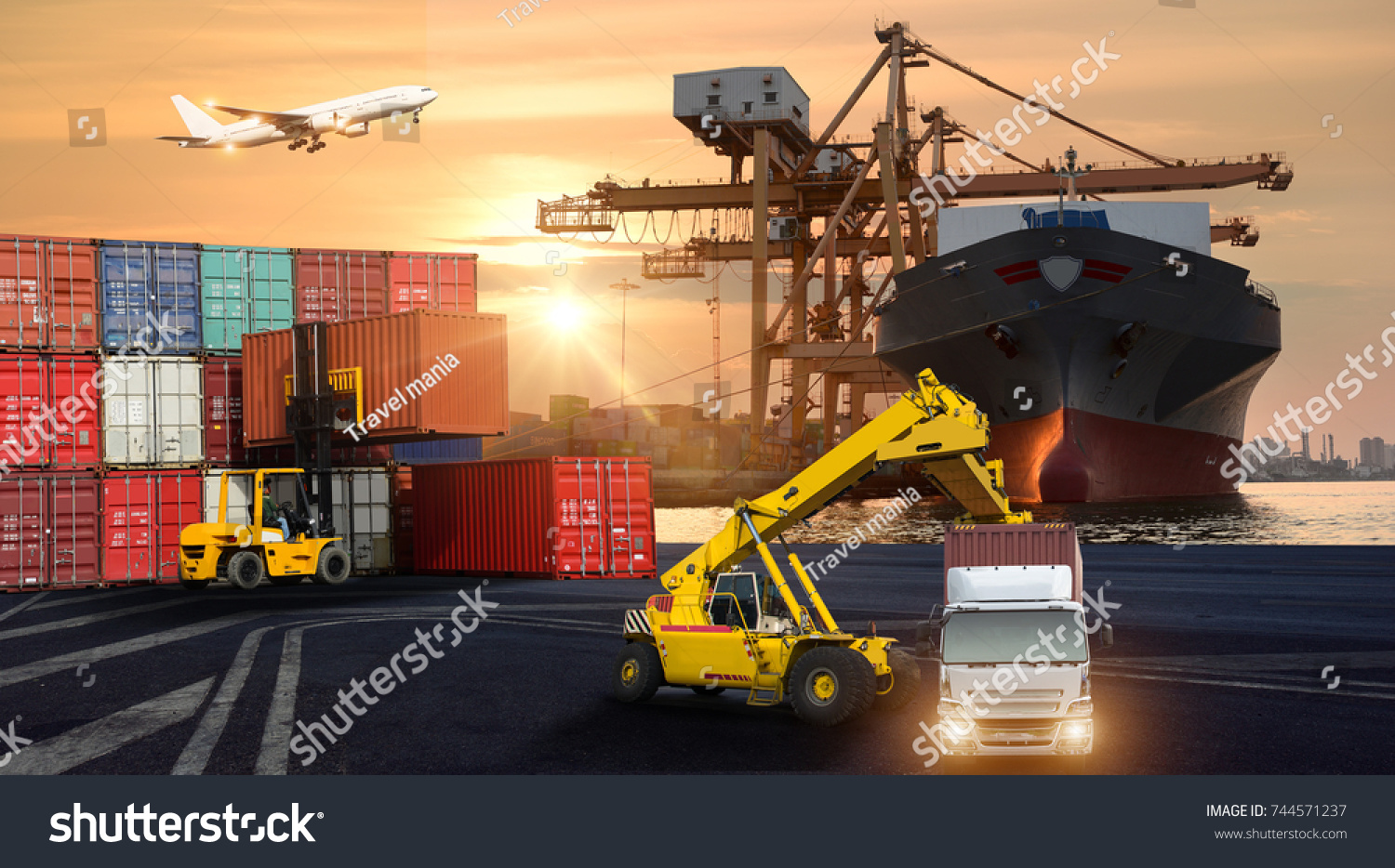 Logistics and transportation of Container Cargo ship and Cargo plane with working crane bridge in shipyard at sunrise, logistic import export and transport industry background #744571237